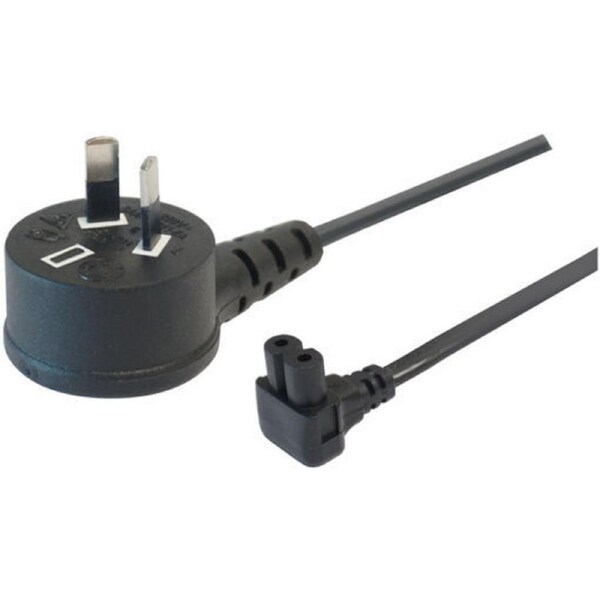 3m Right Angle IEC C7 Power Cable Female Socket to 240V Mains Plug (Top Entry Cable)