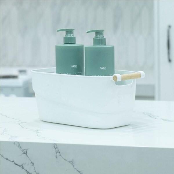 Medium White Storage Tub with Wooden Handle
