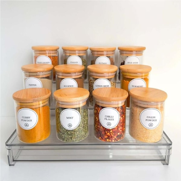 Spice Rack with 12 Bamboo Jars – Acrylic Drawer Organiser