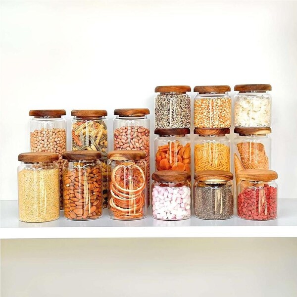 Acacia Lid Glass Jar Small Pantry Organisation 15 Pack