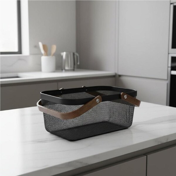 Black Mesh Large Handy Storage Basket – Acacia Handle