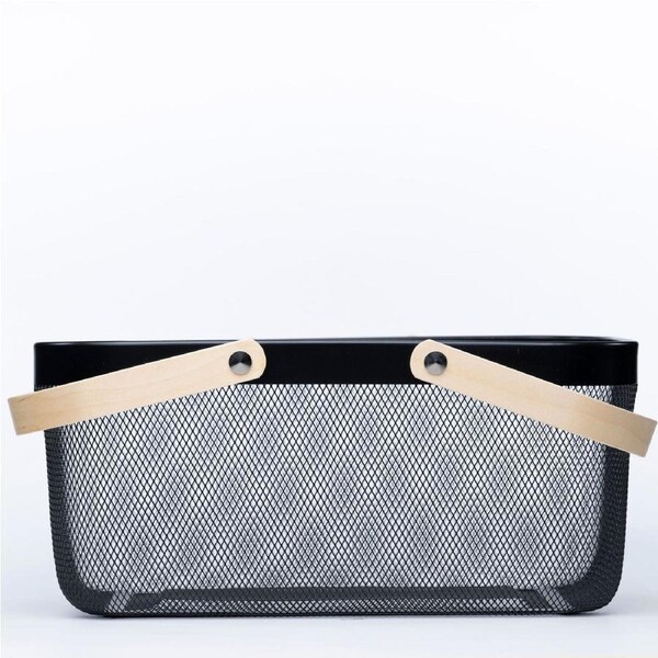 Large Black Handy Storage Basket with Wooden Handle