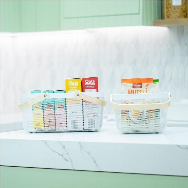 Small White Mesh Basket with Wooden Handle