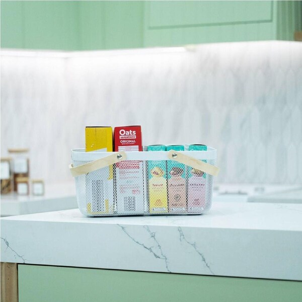 Large White Mesh Basket with Wooden Handles