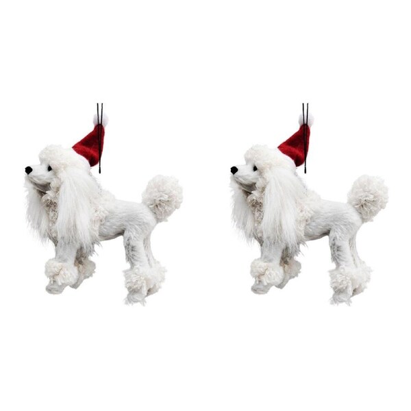 2PK Urban Poodle with Christmas Hat Hanging Decoration 11cm White