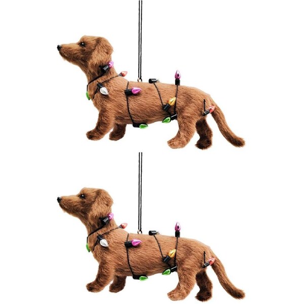 2PK Urban Sausage Dog With Lights Hanging Christmas Decoration 14cm Brown