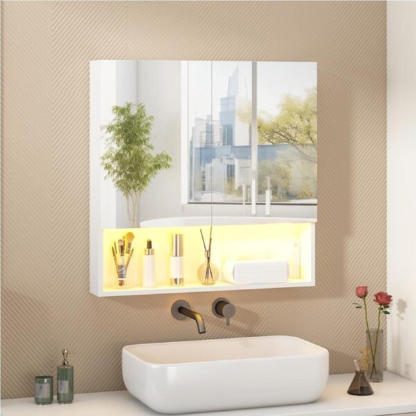 Advwin 750 x 750mm Bathroom Mirror Cabinet Sensor Light Medicine Shaving Wall Storage White