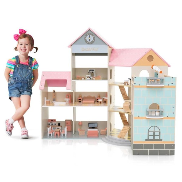Babyjoy Wooden Corner Dollhouse Playset DIY Pretend Dream House w/Patio & Garage Pink Roof Doll House