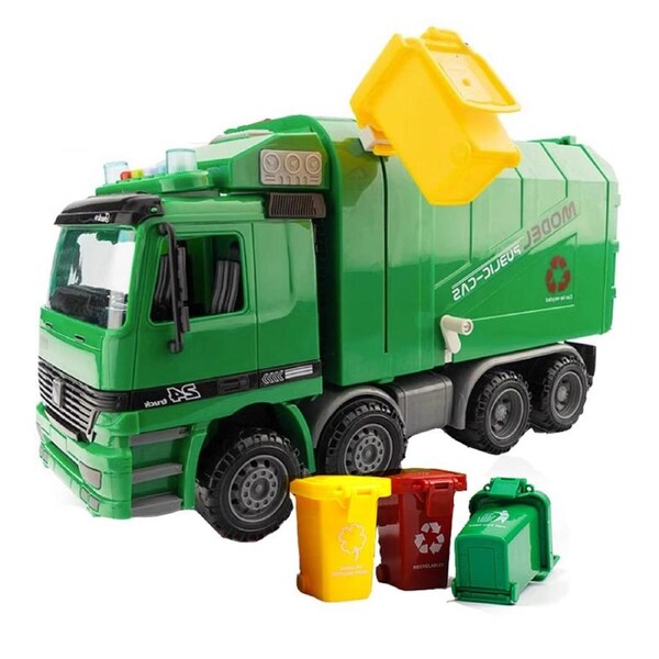 JOYBUY Side-Loading Garbage Truck Toy - Inertia Truck with 3 Trash Cans & Lifting