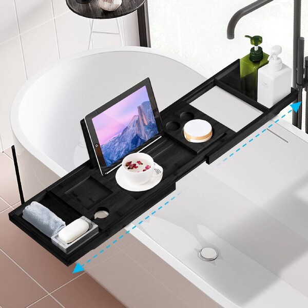 ACA 75-100cm Expandable Black Bath Caddy Wine Glass Holder Tray Over Bathtub Rack Support