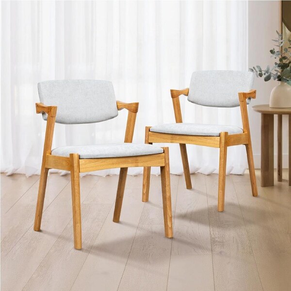 ACA Set of 2 Dining Chairs Bella Armchair Rubberwood Kitchen Lounge Velvet Seats Backrest -Natural Grey