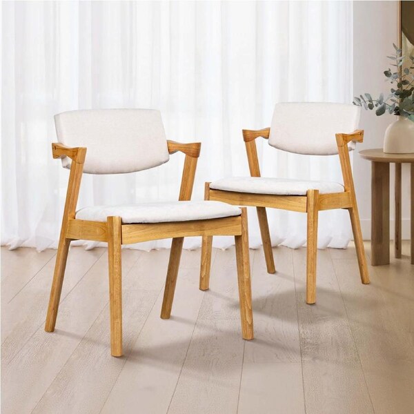 ACA Set of 2 Dining Chairs Bella Armchair Rubberwood Kitchen Lounge Velvet Seats Backrest -Natural Beige