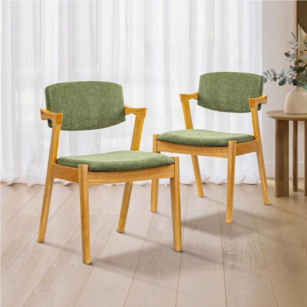 ACA Set of 2 Dining Chairs Bella Armchair Rubberwood Kitchen Lounge Velvet Seats Backrest -Natural Green