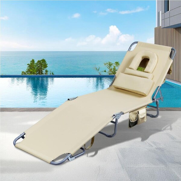 Levede Folding Beach Lounge Chair with Face Hole Sun Lounger Camping Khaki