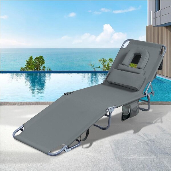 Levede Folding Beach Lounge Chair with Face Hole Sun Lounger Camping Grey