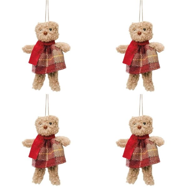 4PK Urban Teddy Hanging Christmas Decoration 14cm Red/Brown Assorted