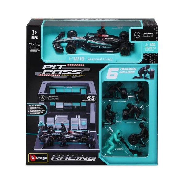 Bburago 2024 Mercedes AMG Pit Pass Competition F1W15 #63 George Russell Diorama Playset