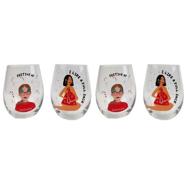 2x 2pc Urban I Like it Festive AF Christmas Stemless Wine Glass Set 12cm Red