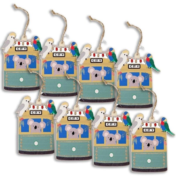 8PK Urban Wooden Oz Animals with Tram Hanging Christmas Decoration 11cm Green