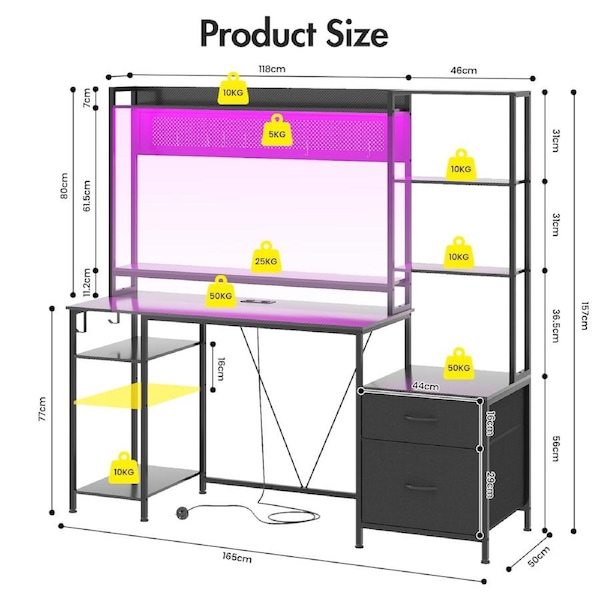 Advwin Gaming Desk with LED Lights & Power Outlets, 165cm Reversible Computer Desk with Hutch, Pegboard, Storage Shelves and Drawers Large PC Gaming Table with Monitor Stand Black