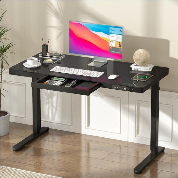 Advwin Electric Standing Desk with Drawer Height Adjustable Sit Stand Desk with One-Piece Glass Desktop & USB & Type C 120x60cm Black
