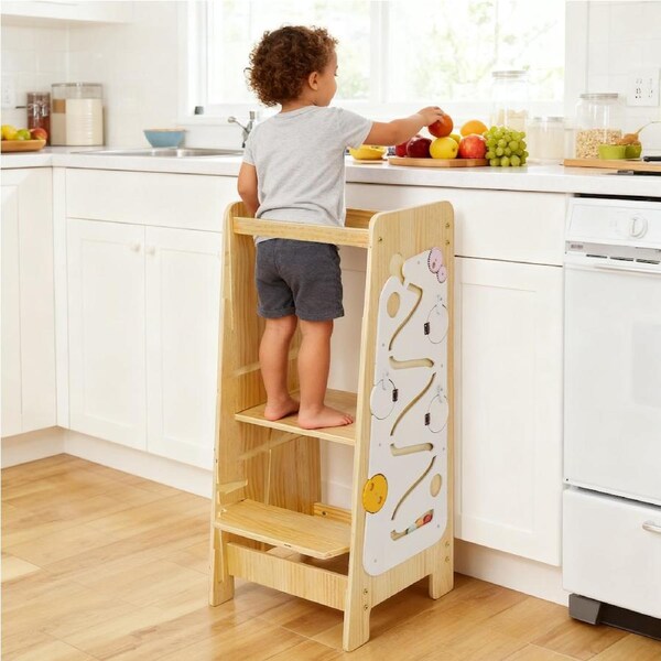 Advwin 4-in-1 Toddler Kitchen Step Stool Height Adjustable Learning Tower Wooden Kitchen Stool Helper Kids Standing Tower