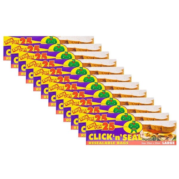 12x 25pc Kwik Life Click N Seal Resealable Bags Large Reusable Zip Lock 22x22cm