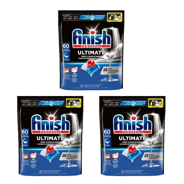 3x 60pc Finish Powerball Ultimate Dishwasher Tablets Fresh Scented