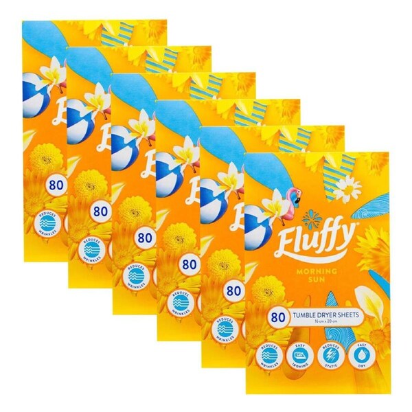 6x 80pc Fluffy Morning Sun Tumble Dryer Sheets Fabric Softener 16x20cm
