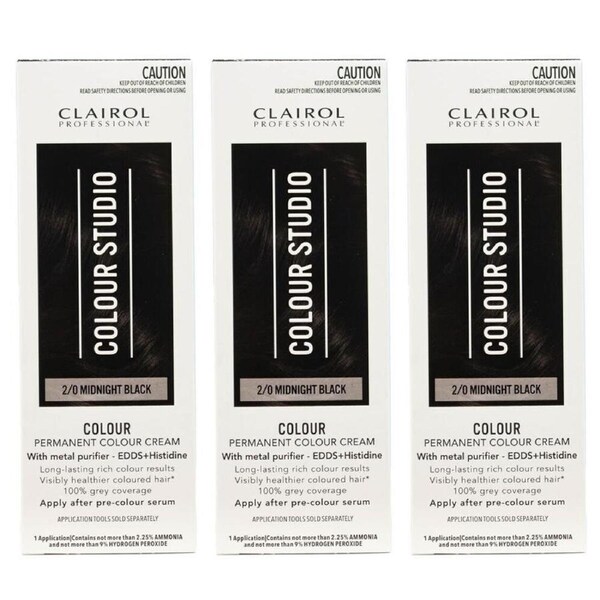 3PK Clairol Professional Permanent Hair Colour Cream 2/0 Midnight Black Dye