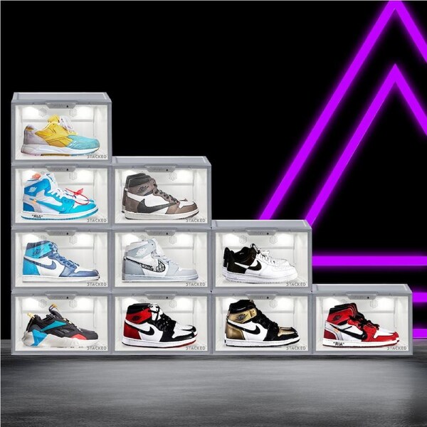 10Pcs Shoe Box Sneaker Display Case Storage Stackable w/ LED & Voice Activated - White
