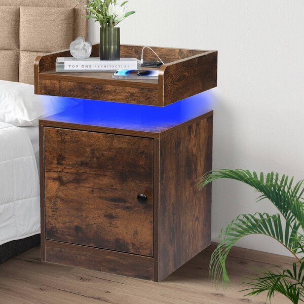 Levede LED Bedside Table with Charging Station - Oak