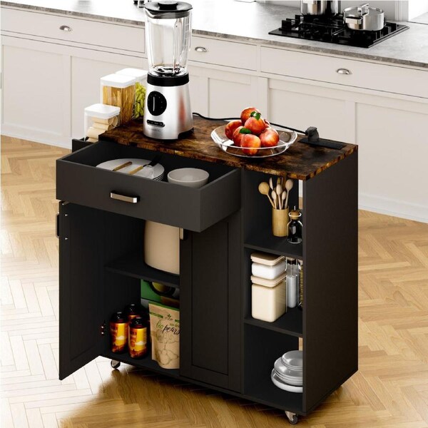 Advwin Kitchen Island Cart on Wheels with Charging Station,Adjustable Shelves, Spice Rack & Wood Top,Black