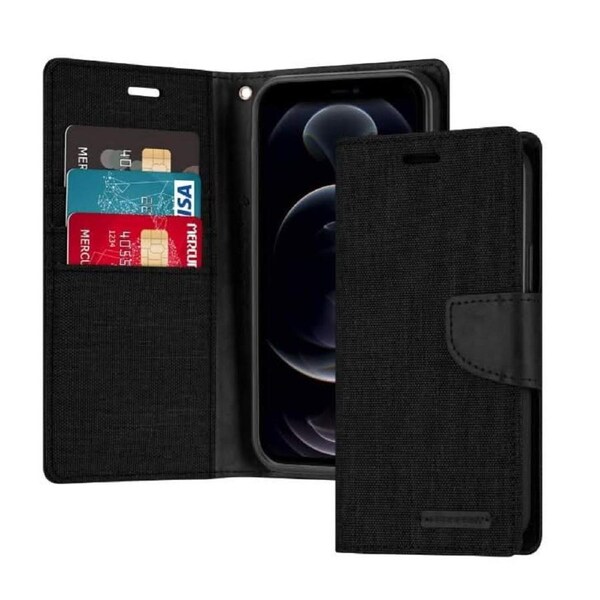 For iPhone X Wallet Flip Denim Case Cover - Black