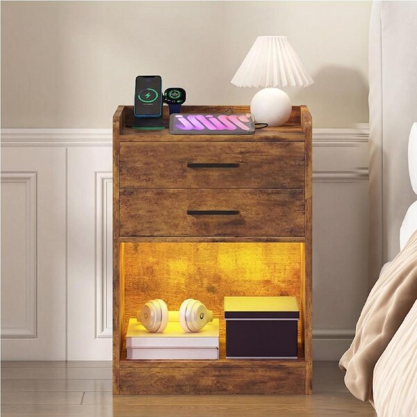 Advwin LED Bedside Table with Charging Station 2 Drawers Nightstand Side Tables Brown