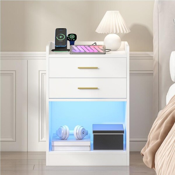 Advwin LED Bedside Table with Charging Station 2 Drawers Nightstand Side Tables White