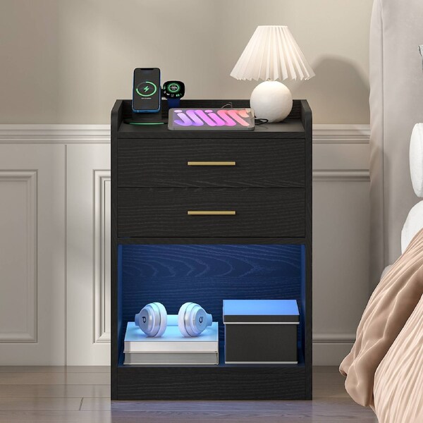 Advwin LED Bedside Table with Charging Station 2 Drawers Nightstand Side Tables Black