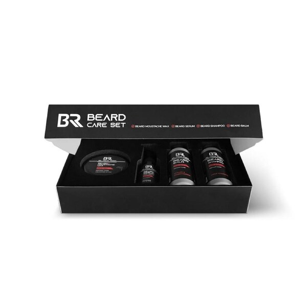 Black Red Beard Care Set - Premium Grooming Bundle with Serum, Balm, Shampoo & Wax
