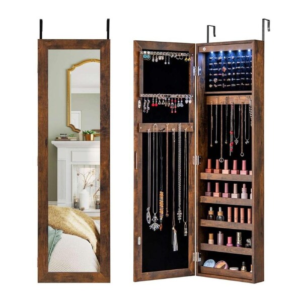 Costway Wall Mounted Jewellery Cabinet w/Full-Length Mirror & LED Lights Bedroom Rustic Brown