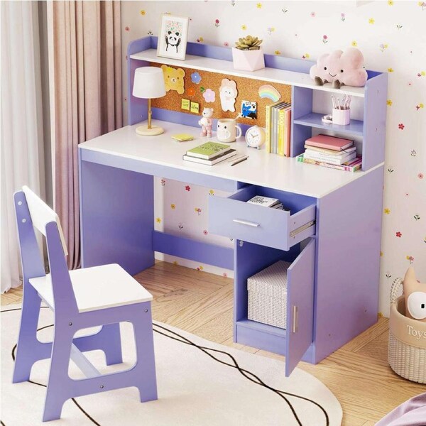 Costway Study Desk & Chair Set Wooden Writing Table w/Shelves Drawer Storage Cabinet for Bedroom School Purple