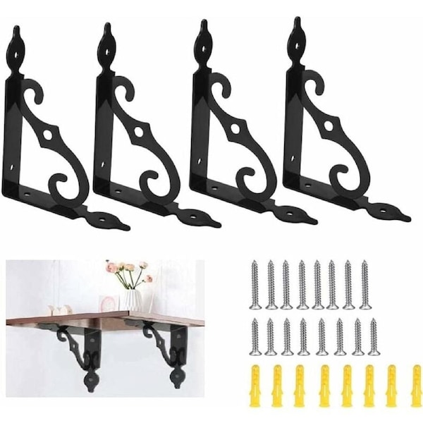 JOYBUY 4-Pack Triangle Wall Shelf Brackets - Black Iron Heavy Duty 140 x 110 mm