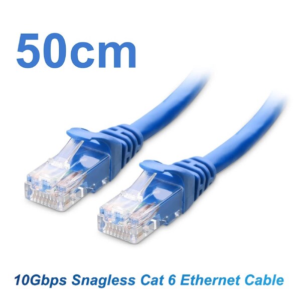 Cat6 RJ45 Ethernet Patch Lead Blue 50cm, 10Gbps Snagless Network Cable, 24AWG Solid Bare Copper PoE Cord for PC Switch Server Rack - VELORICA