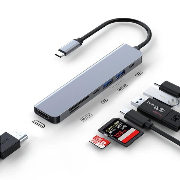 7-in-1 USB C Hub Adapter, 4K HDMI Multiport Docking Station with 100W PD, 5Gbps USB 3.0 SD/TF Card Reader for Mac Mini NUC PC Laptop Tablet - VELORICA