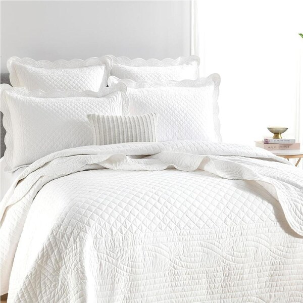 Renee Taylor Scallop Jacquard Coverlet w/ 2x Pillowcases Set Pearl Single/Double