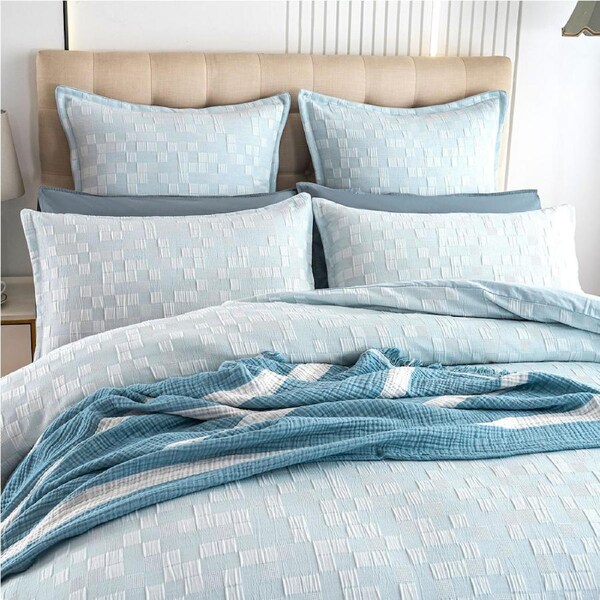Renee Taylor Jervis Checks Jacquard Quilt Cover w/ Pillowcases French Blue Queen