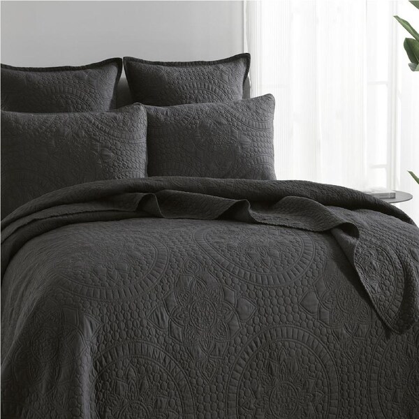 Renee Taylor Asher Jacquard Coverlet w/ 2x Pillowcases Set Grey Queen/King