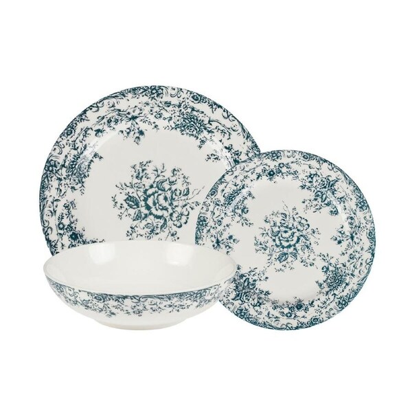 12pc Casa Domani Dinner Set Antique Blue Porcelain Gift Boxed Coupe For 4