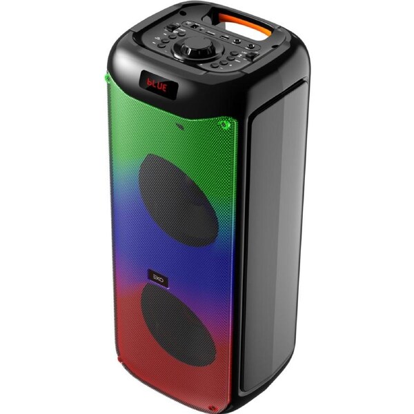 EKO 8”x2 Party Speaker with Flame and Rolling Lights with 1 Wireless Microphone + 1 Wired Microphone