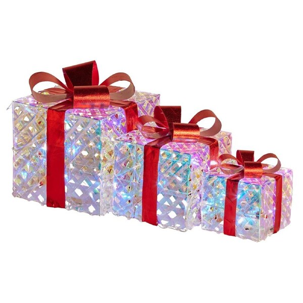 Christabelle Set of 3 Christmas Gift Boxes Display With Lights in Clear Shimmer and Red