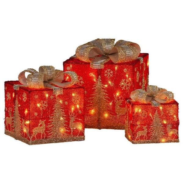 Christabelle Set of 3 Christmas Gift Box Display with LED Lights and Bows Decoration Ornament